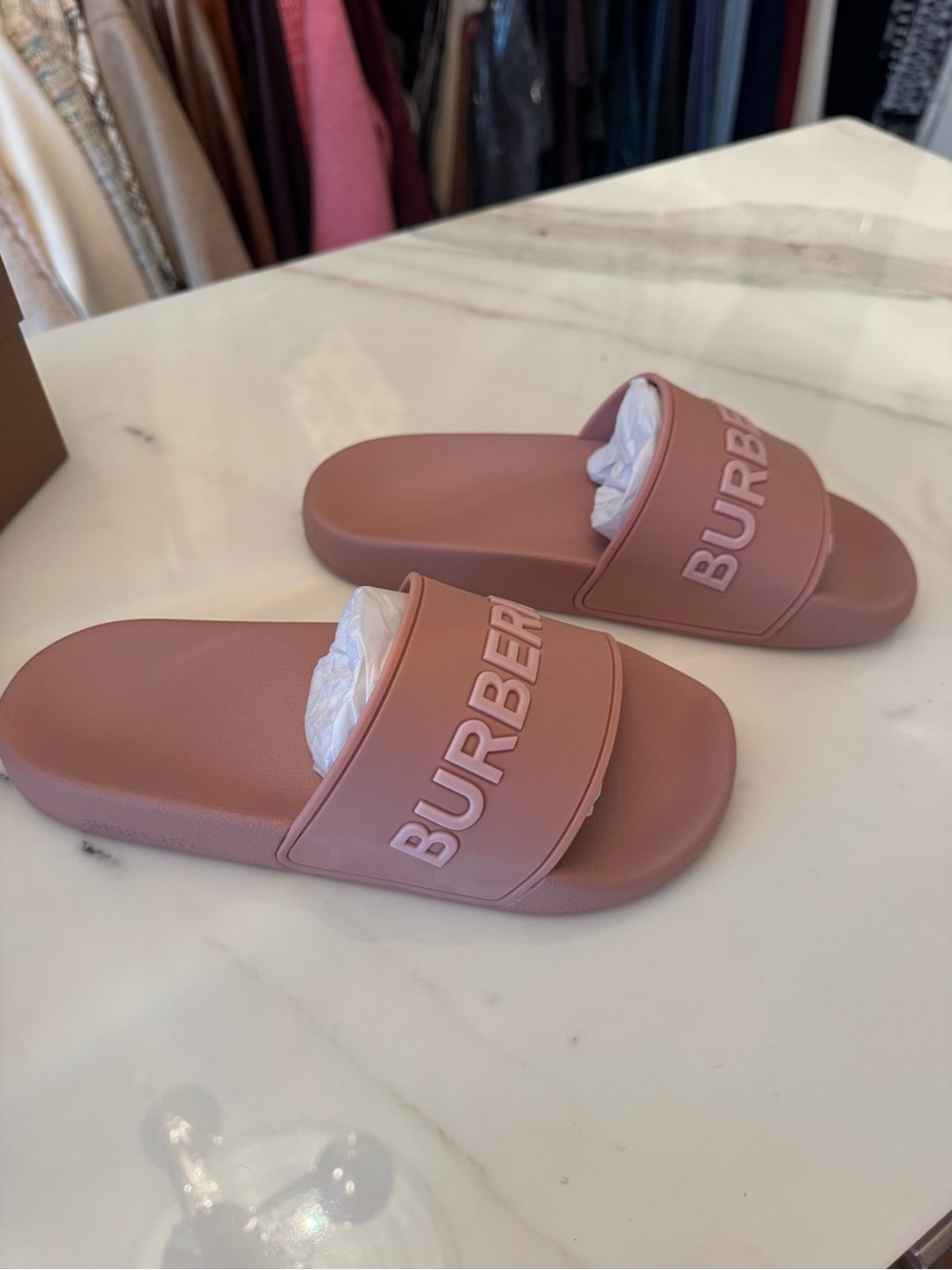 Burberry Rose-Pink Embossed Logo Slide Sandals - Picture 3 of 5